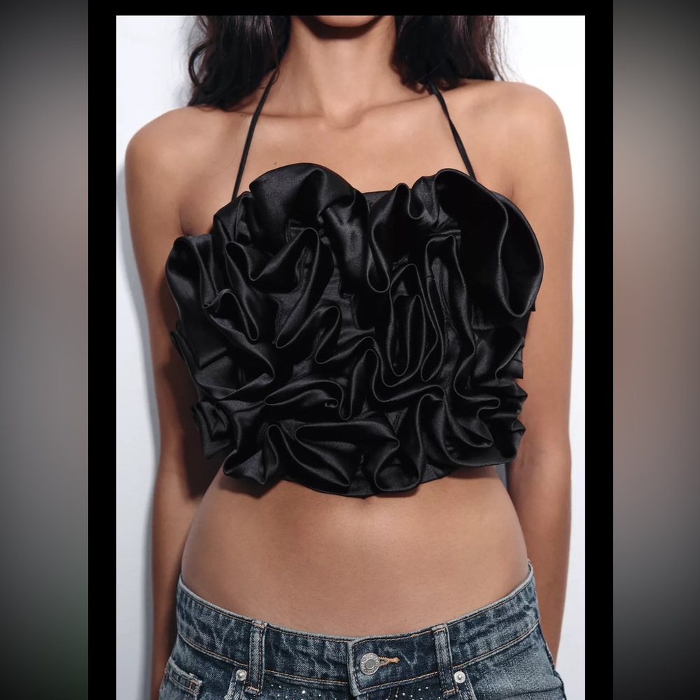 Zara Black Ruffle Satin Halter Crop Top